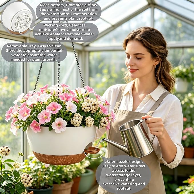 2 Pack 10 Inch Self Watering Hanging Planters for Indoor Plants, Large White Brown Plastic Hanging Pots with Chains for Outdoor Patio Garden Home Decor (White Brown)