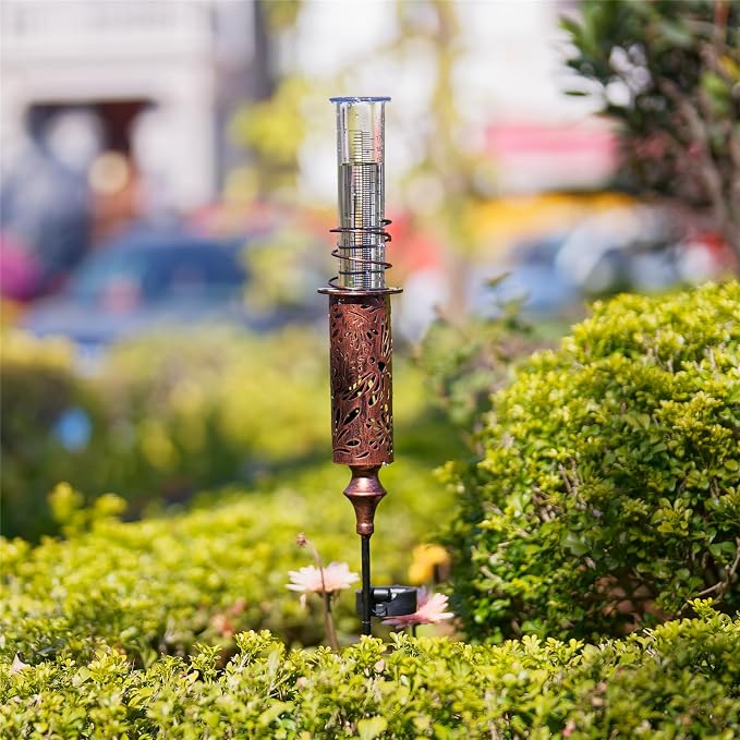 Copper Solar Rain Gauge Outdoor and 22" Metal Owl Outdoor Thermometer for Garden Patio Home Decor