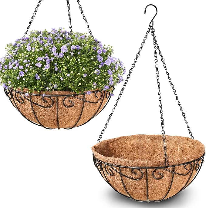 Legigo 2 Pack 12 Inch Metal Hanging Baskets for Plants Outdoor- Round Wire Hanging Planters Basket with Coconut Coir Liner, Hanging Flower Pot for Outdoor Plants Flowers Garden Decorations