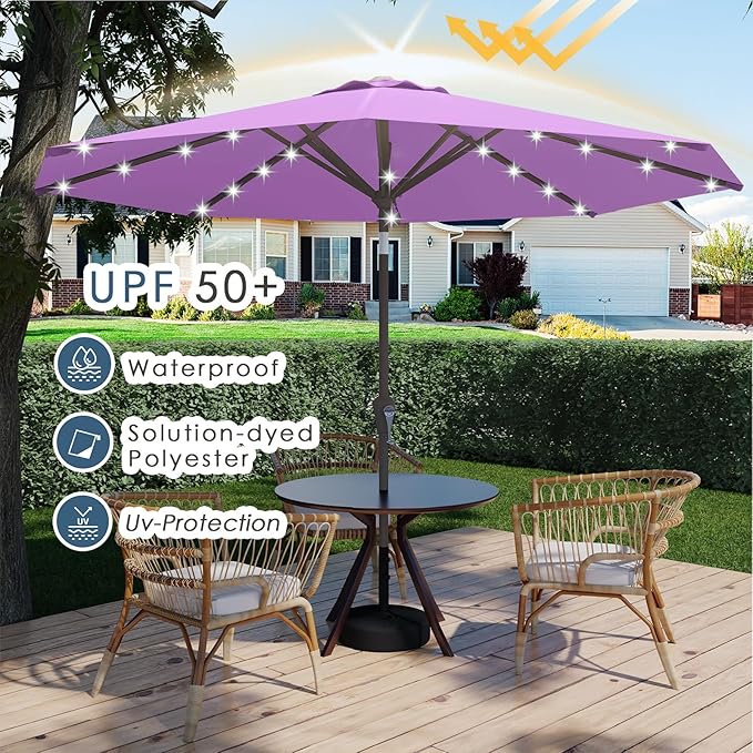 9FT Patio Umbrella with Solar Lights,Outdoor Market Umbrella with Tilt and Crank, LED Lighted Table Umbrella for Garden,Deck,Backyard,Pool,Beach