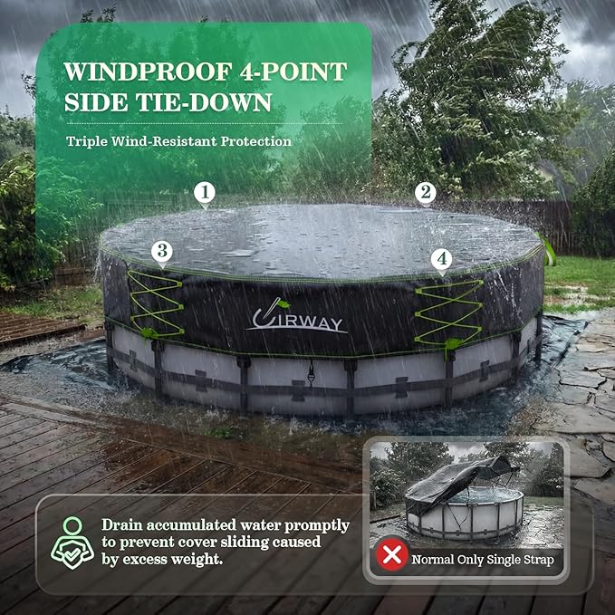 Uirway 600D Heavy duty 15ft Round Pool Covers For Above Ground Pools, Solar Pool Cover Windproof Ratchet Locking System & Reflective Drawstring, Weatherproof Hard Pool Covers UV Protection with Straps