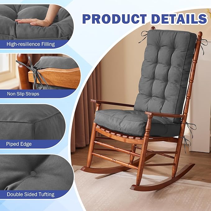 IPYNBAP Rocking Chair Cushion, Waterproof and Fade-Resistant Patio Chair Cushions, Tufted Chair Pads for Rocker Furniture, 18x18 Inch, Indoor/Outdoor Seat Cushions with Ties, Dark Grey