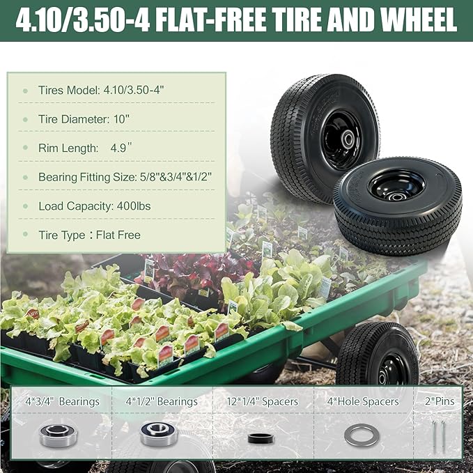 4.10/3.50-4 Tire and Wheel, 10" Solid Tires with 5/8” Bearing, Extra 3/4”&1/2” Bearings, 2.2” Offset Hub, Flat Free 4.10/3.50-4'' Wheels for Dollies, Hand Trucks, Tractors (2 Pack) (Black)