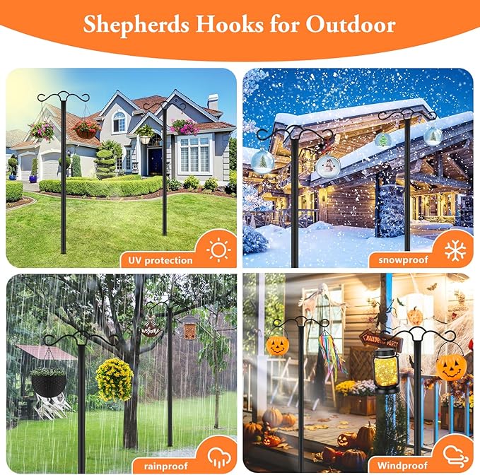 SINLEY 2 Pack 90 inch Double Shepherds Hook for Outdoor with 5 Prong Base Heavy Duty Two Sided Bird Feeder Pole for Hanging Lantern,Hummingbird Feeder,Lightweight Plant,Shepherds Hook