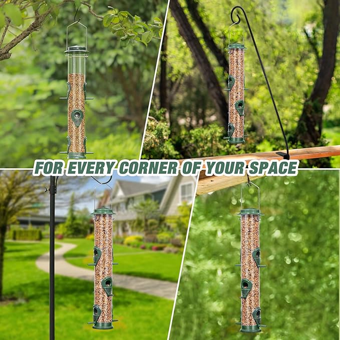 ERYTLLY Metal Bird Feeders 6 Port Tube Bird Feeder for Wild Birds, 1.4mm Extra Thick Solid Tube Transparent with Steel Hanger Bird Feeders 16.5 Inch for Outside