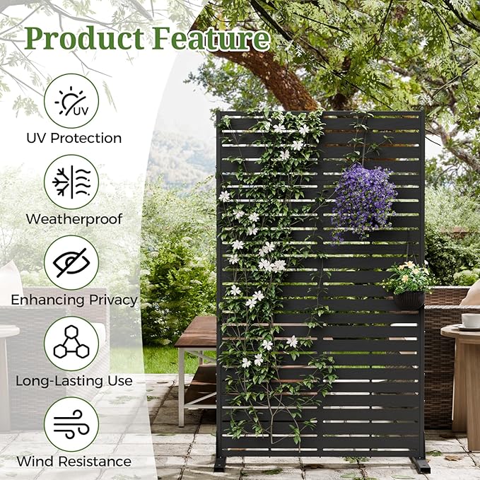 Privacy Screen Outdoor 60" Hx35 W Freestanding Privacy Panel with Stand, HDPE Decorative Privacy Fence with Louver Pattern 5 Panels, Patio Divider Screen, Privacy Screens for Outside