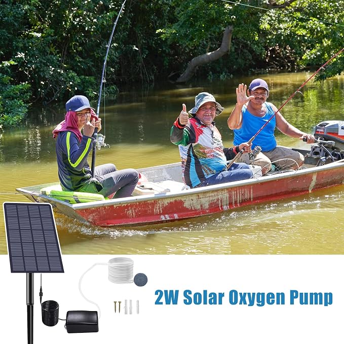 Andoer Solar Pond Oxygenator, Plug-in Solar Oxygen Pump with Pipe Air Bubble Stones Aquarium Oxygen Aerator Air Pump Fishing Aerator for Garden Fish Tank Outdoor Pool Pond (2.5W)