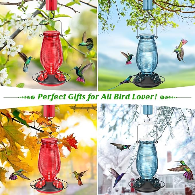 FEED GARDEN Glass Hummingbird Feeder for Outdoors Hanging, 20 OZ Humming Birds Feeders with 6 Bee Guard Feeding Ports & Built-in Ant Moat, Bird Feeder for Outside, Blue,1 Pack