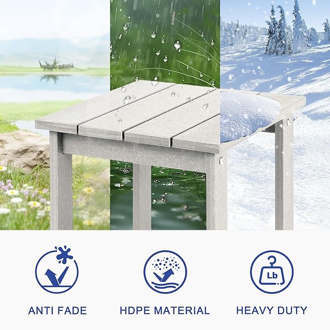 LZRS Square Patio Side Table, Heavy Duty HDPE Outdoor End Table with Wood Texture, Weatherproof Composite Table for Adirondack Chairs, Deck, Pool, Indoor/Outdoor, No Peeling or Cracking(White)