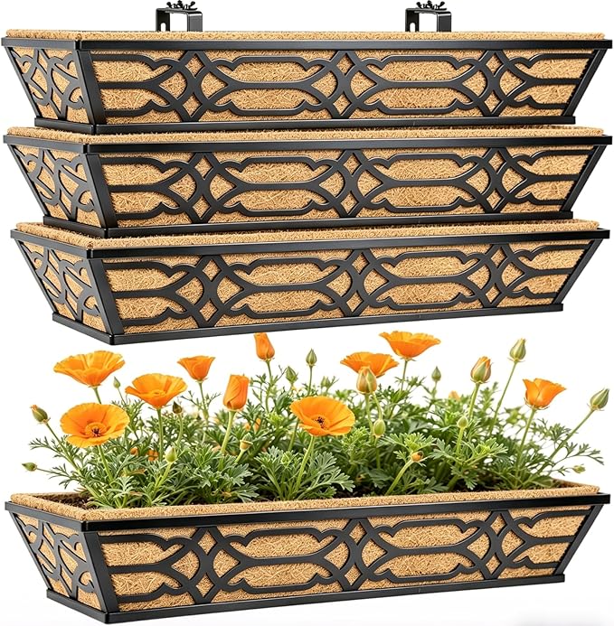 4 Pack 30 Inch Window Boxes Planters with Coco Liner, Large Metal Railing Planter Boxes for Deck, Heavy Duty Hanging Trough for Fence and Front Porch Garden Flower Display