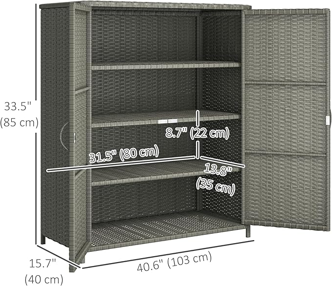 Outsunny Wicker Outdoor Storage Cabinet with Shelves, 4-Shelf Outdoor Pool Towel Cabinet with Two Doors, Rattan Patio Storage Shelves for Garden, Backyard, Porch, Dark Gray