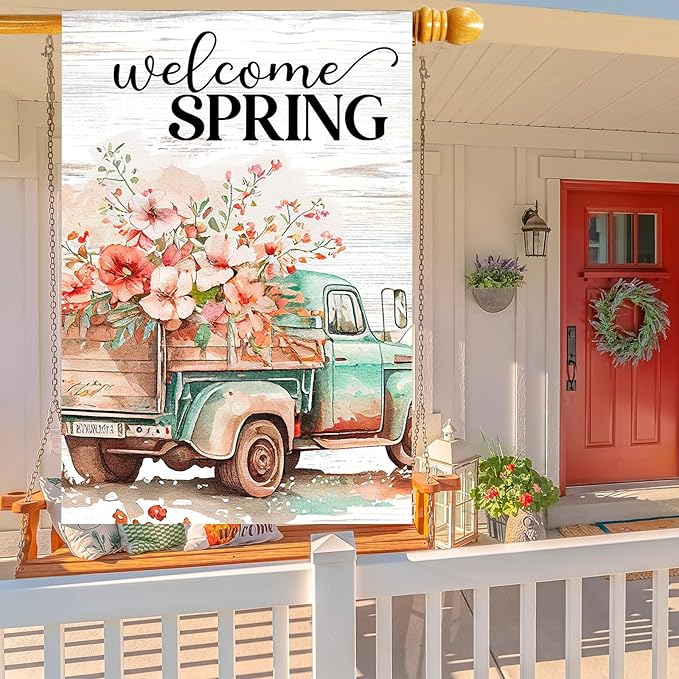Spring Flags 28"x40" Double Sided Welcome Floral Truck Spring House Flag Burlap Yard Garden Banner for Outdoor Porch Decoration