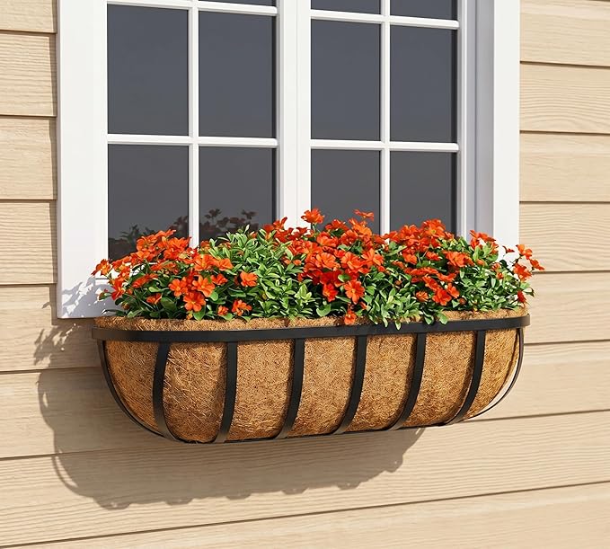 Y&M 4pcs 24 Inch Window Deck with Coco Liner, 24" Window Boxes Horse Trough with Coconut Coir Liner, Black Metal Hanging Flower Planter Window Basket Deck Railing Planter Boxes for Outdoor Indoor