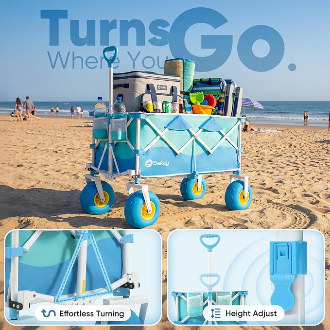 Sekey Heavy Duty Beach Wagon with 9" Big Sand-Proof Wheels – 600lb Capacity, 200L Oversized Foldable Cart | Adjustable Handle & All-Terrain Tires for Sand, Camping, Groceries