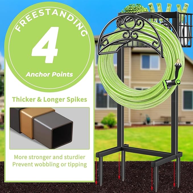 TomCare Garden Hose Holder with Large Storage Basket Heavy Duty Water Hose Holder Holds 160 Feet Hoses 4 Spikes Freestanding Hose Hanger Stable Hose Storage Organizer for Outside Yard