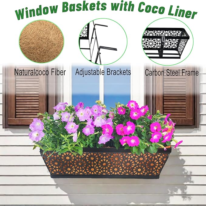 Railing Planter Window Boxes Round Hole Horse Trough Planter with Coco Fiber Liner Deck Balcony Rail Planter Black Metal Hanging Flower Planter Window Basket for Outdoor Porch Fence (4 Pack, 24 Inch)