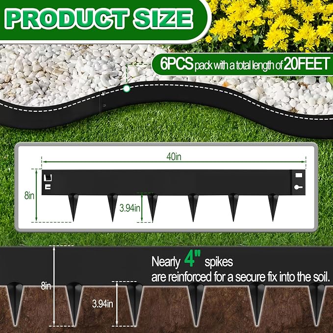 20Ft Galvanized Steel Metal Landscape Edging (6-Pack), 40" x 8" Metal Edging for Landscaping, Hammer-in Garden Edging for Yard, Pathways, Tree Rings - Flexible Black Corrosion Resistant Lawn Edging