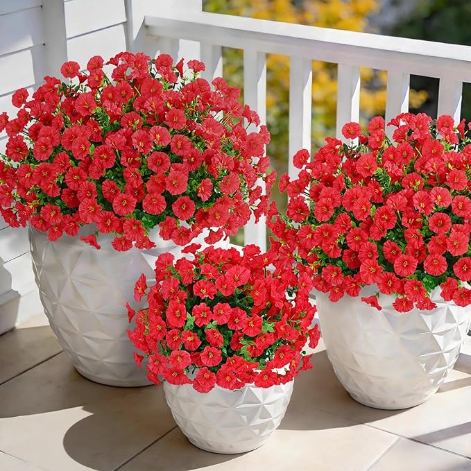 Yastouay Artificial Flowers for Outdoors, 26 Bundles Fake Outdoor Flowers, UV Resistant Artificial Plants & Flowers for Decoration, Red Realistic Morning Glory for Outdoor Porch Garden Decoration