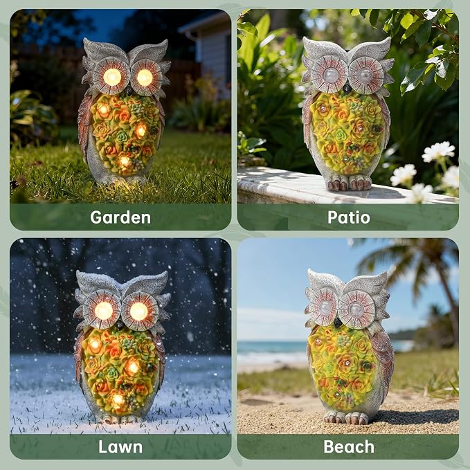 Solar owl Garden Statues Outdoor Decor, Resin Owl Figurine Decorations with Solar Light, Whimsical Owl Sculpture for Patio, Balcony, Yard, Lawn Ornament, Perfect Garden