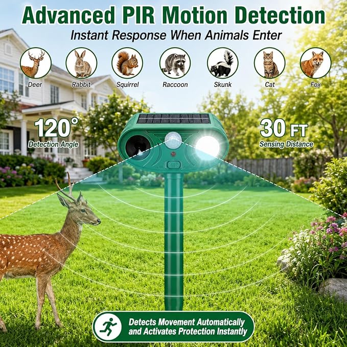 2 Pack Sonic Fortress Pro Deer Repellent Solar Animal Repeller Outdoor, Cats Deterrent Ultrasonic Animal Deterrent with Flashing Light, Deer Rabbit Squirrel Raccoon Fox Cat Repellent for Garden