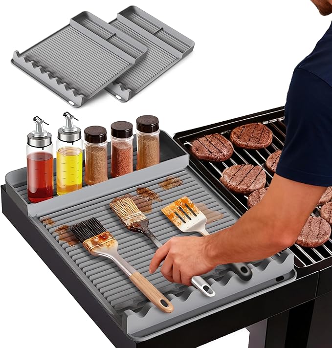 2Pack Silicone Grill Mat for Blackstone - 16x11.5 Inch Non-Slip Tool Mat with Sauce Drip Pad & Wavy Grip, Outdoor BBQ Accessories & Gifts for Men, Dad, Grilling （Grey）