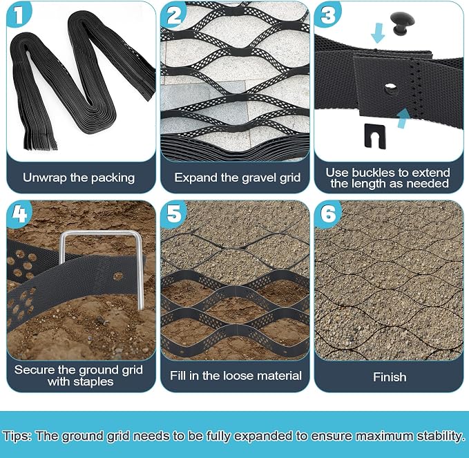 Gravel Grid 50ft X 4ft, 2'' Depth Gravel Stabilizer Grid for Pavers Base, Geogrid 1900 Lbs/Sq Ft Load with 54 Geocell Accessories & Gloves for Driveway Parking Ground Walkway Dirt Locker Slope