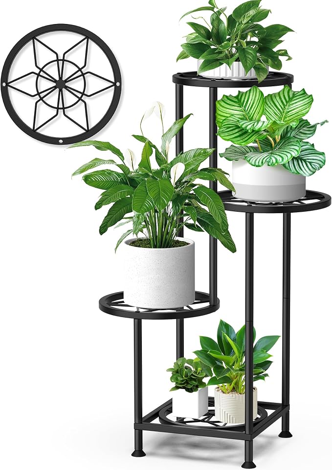 4 Tier Plant Stand Indoor Outdoor, Metal Flower Shelf Display Holder, Multiple Plants Corner Tall Flower Holders for Patio Balcony Porch Garden Living Room (Diamond Black)