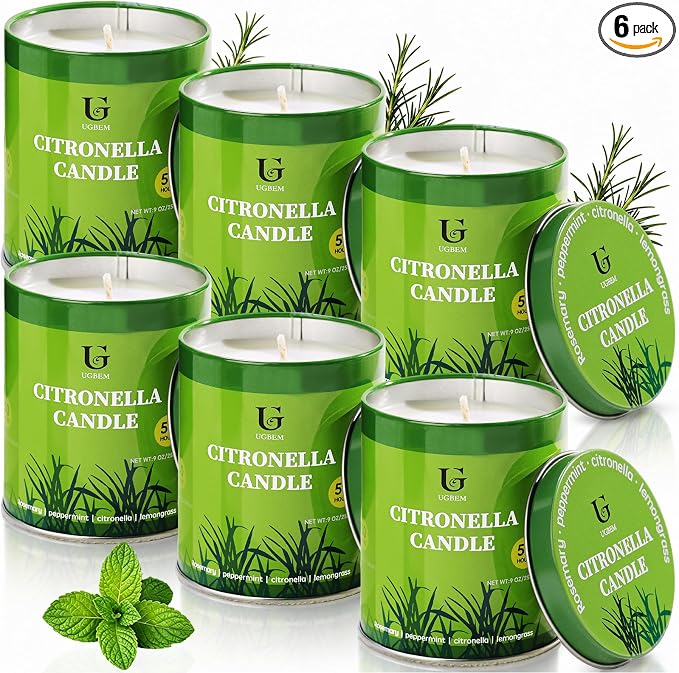 6 Packs 9oz Citronella Candles Outdoor, Natural Soy Wax Camping Candles, 50 Hours Long Burn Time, Plant-Based Essential Oil Large Lemongrass Candle for Patio, Deck, Garden, Backyard, Home Indoor