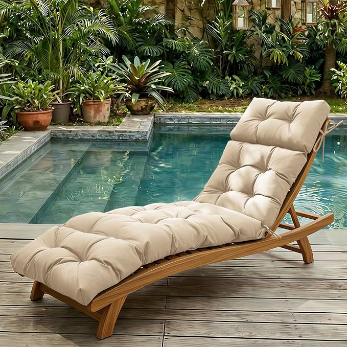 Outdoor Chaise Lounge Cushions 75.1x22.8x4.7 Inch, Waterproof Lounge Chair Cushions for Pool, Patio, Deck, Lawn, Fade Resistant Lounge Cushions for Outdoor Furniture with Ties, Beige