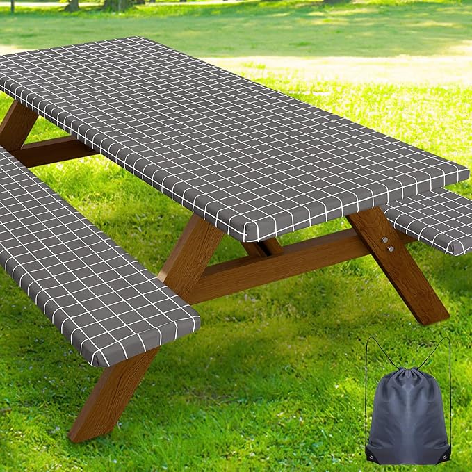 Smiry Picnic Table Cover with Bench Covers, Waterproof Elastic Fitted Tablecloth for 8 Foot Tables, Washable Polyester Tablecloths for Camping, Indoor & Outdoor (Grey & White, 30x96 Inch 3-pc Set)