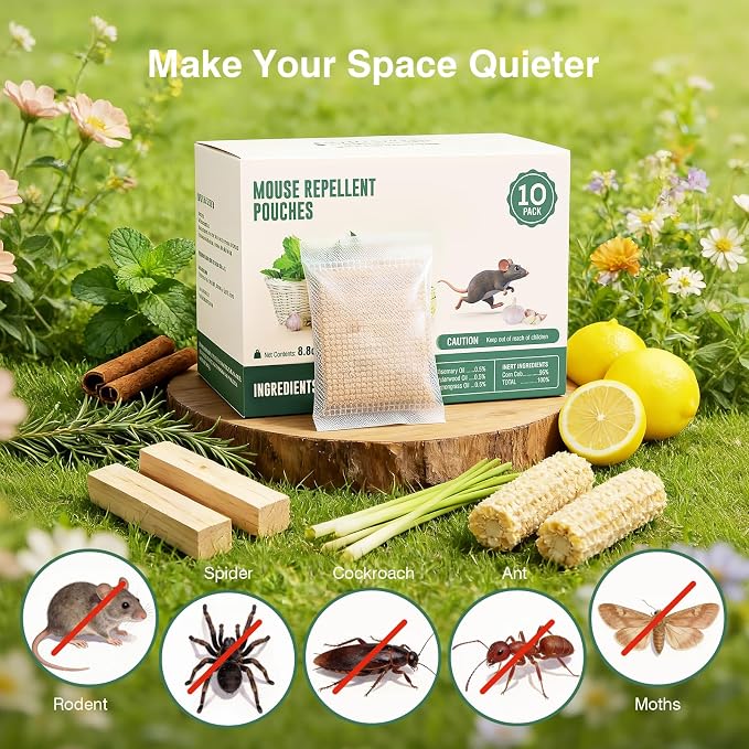 Pest Repellent Pouches, Peppermint Oil for Rodent, Mouse, Rats, Spider, Squirrel, Pest Control Indoor & Outdoor, Natural Mouse Deterrent Replace Traps Family & Pet Safe(10 Pack)