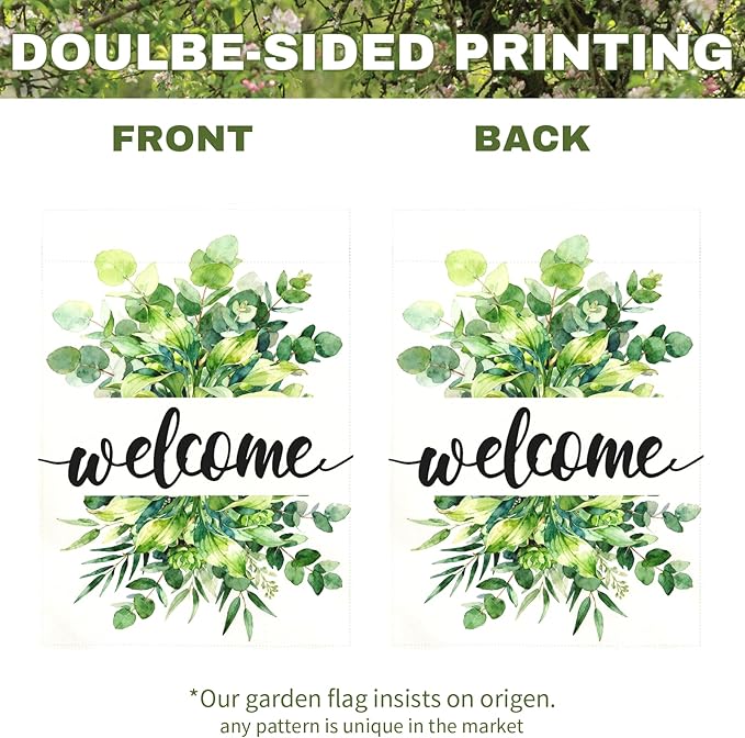 Welcome Spring Garden Flag Summer Greenery Watercolor Eucalyptus Leaves House Banner Seasonal Rustic Farmhouse Hosta Planta Yard Flags for Outside Porch Patio Lawn Home Decor 12 x 18 Inch