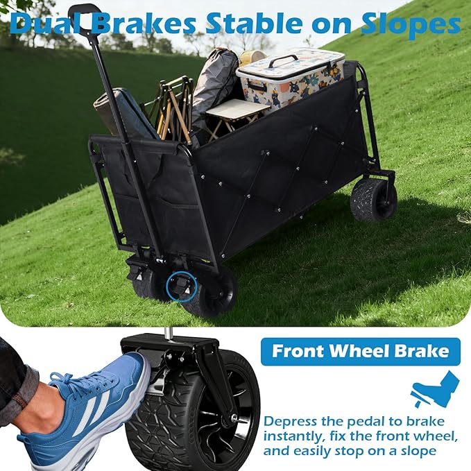 600LBS Beach Wagons Carts Foldable for Sand, Heavy Duty Collapsible Wagon with Brakes & All-Terrain Big Wheels, Large Foldable Folding Wagons for Beach Camp Sports Grocery, Portable