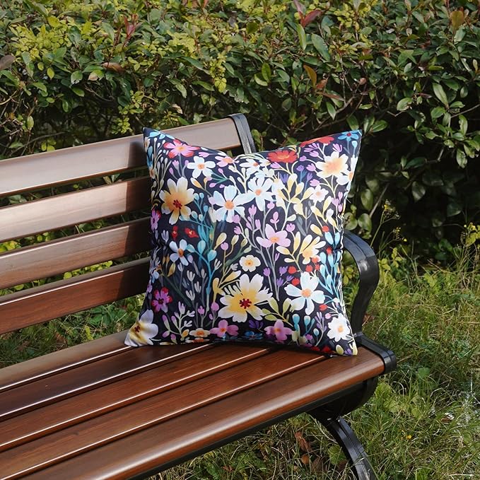 HOMFREEST Outdoor Floral Throw Pillow Covers 18x18 Inch Set of 2 Black Waterproof Flowers Decorative Spring Summer Holiday Patio Cushion Cases for Patio Furniture Garden