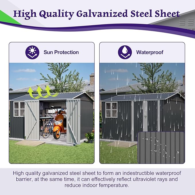 KEIKI Storage Shed 10x8 FT, Large Metal Tool Shed for Outdoor Storage, Galvanized Steel Garden Shed with Lockable Doors for Patio, Backyard, Lawn, Grey