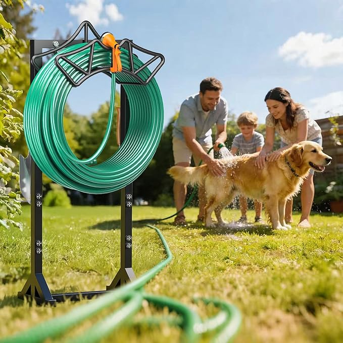 Garden Hose Holder Holds 160Ft Hoses, Heavy-Duty Freestanding Hose Reel with 2 Tool Hooks, Rustproof Freestanding Hose Stand with 4 Spikes Water Hose Hanger Storage Reel Rack for Outside, Yard, Lawn