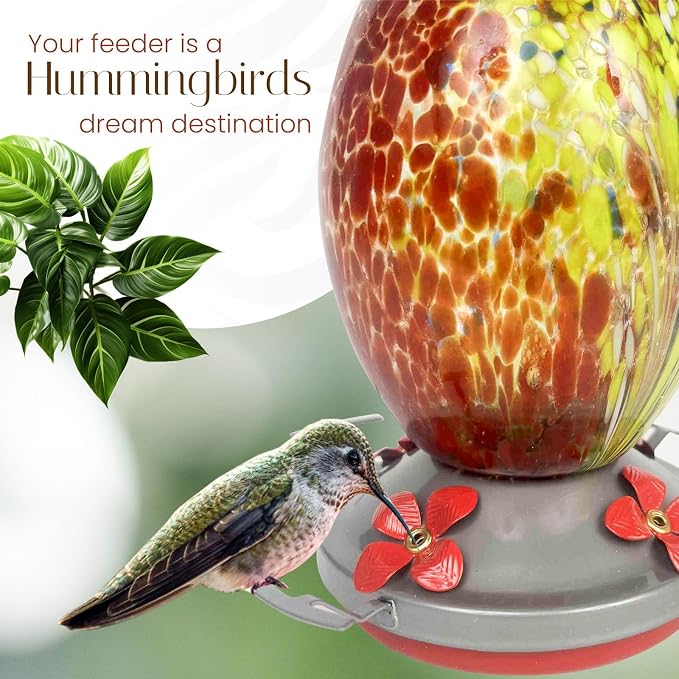 Nature Gear Glass Hummingbird Feeder for Outdoors, Hanging Bird Feeder with Ant Moat, Hand-Blown Glass Garden Feeder, Easy Clean Wide Mouth, Rust Resistant, 38 oz, Volcano Red