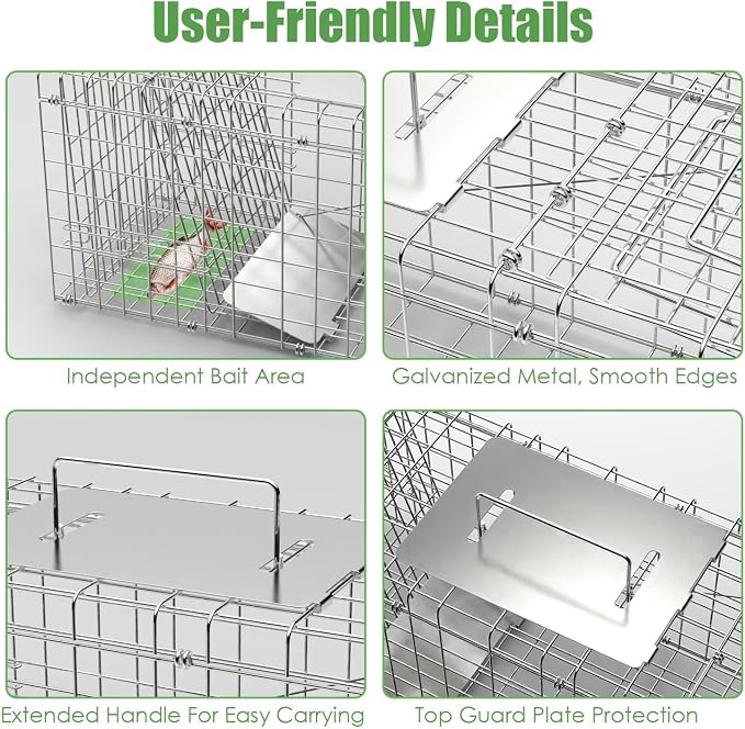 TeqHome Live Animal Trap Cage with Cover, 31"x12"x12" Large Foldable Galvanized Steel Humane Cat Trap, Heavy Duty Metal Raccoon Traps for Stray Cats Opossums Groundhogs Skunks Squirrels Chipmunks Mole