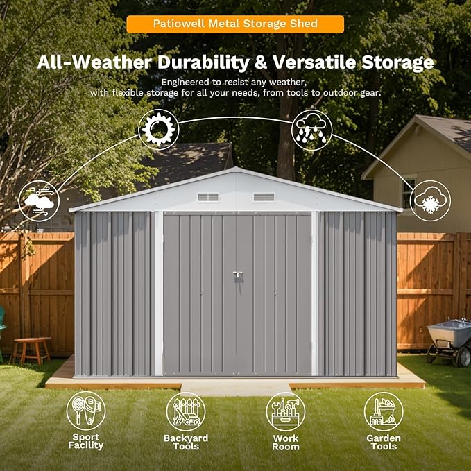 Patiowell 10 x 12 FT Outdoor Storage Shed with Floor Frame, Large Metal Shed Storage with Lockable Doors and Steel Frame, Utility Tool Outside Storage Shed for Garden, Patio, Backyard, Gray