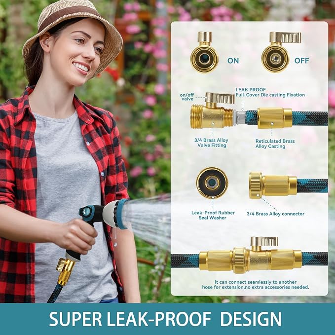Garden Hose 50 FT NON-EXPANDABLE Water Hose Flexible Garden hose & Ultra Lightweight Hose with 10-Pattern Garden Hose Nozzle High-Strength Special Cloth Cover with 3/4" Brass fitting for Garden