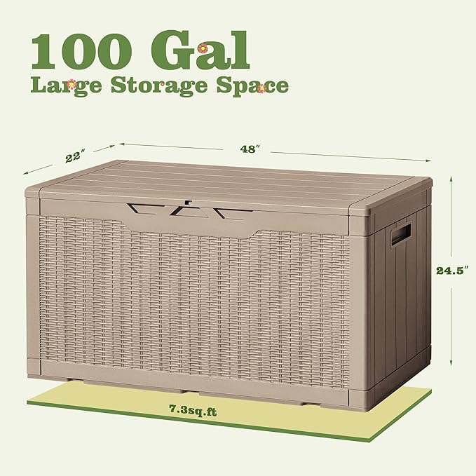Flamaker Outdoor Storage Box 100 Gallon Waterproof Resin Deck Box Delivery Box with Air Rod Indoor Outdoor Lockable Storage Bench for Patio Cushions, Tools, Pool Accessories (Brown)