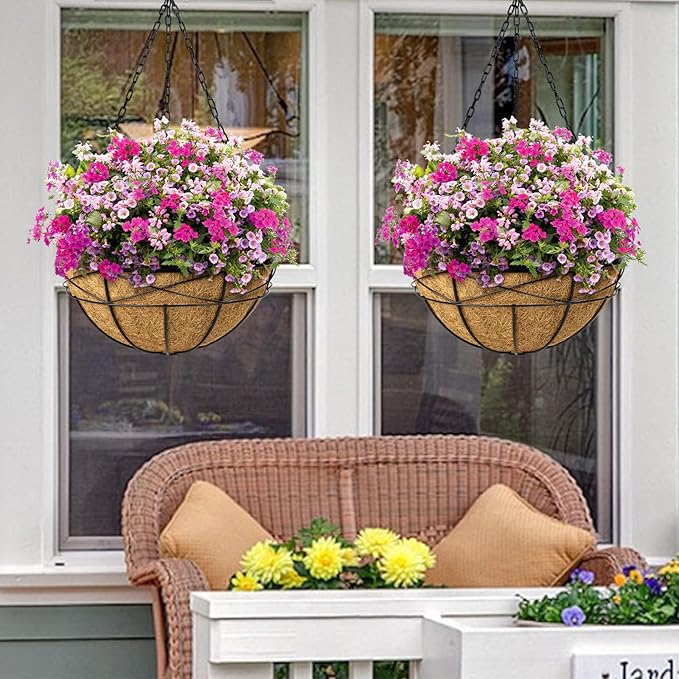 2 Pack 16 Inch Hanging Planters for Outdoor Plants Metal Wire Flower Baskets with Coco Liner & Plastic Saucer Large Deep Hanging Plant Pots for Porch Balcony Garden Décor