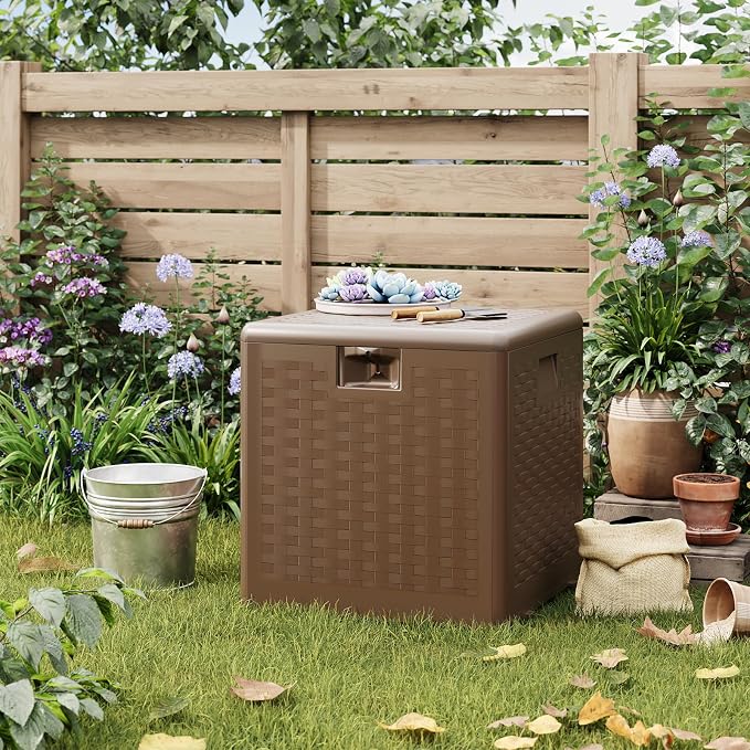 IDEALHOUSE 28 Gallon Resin Deck Box, Waterproof Outdoor Storage Box with Lockable Lid & UV Resistant, Patio Furniture Cushion Storage Container for Garden, Backyard, Poolside (Brown)