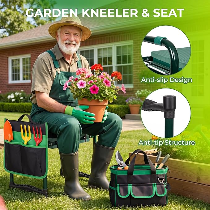 Walensee Garden Kneeler and Seat, Foldable Heavy Duty Garden Stool with Soft Kneeling Pad & Tool Pouch, Easy Stand Up Gardening Bench for Seniors, Women & Men, No Assembly Gardening Gift for Mom Dad