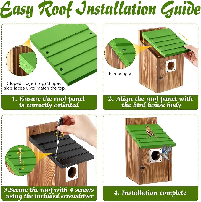 Dreyoo 8 Pack Bluebird Houses for Outside with Metal Predator Guard, 1-1/2" Entrance Hole Wooden Blue Bird Houses for Outdoors, Bluebird Nesting Box with Screwdriver(Green Roof, Burnt Wood Body)