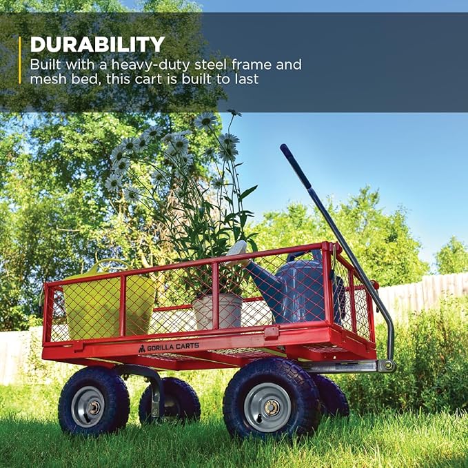 Gorilla Carts Steel Utility Cart, 4 Cu Ft Bed, 800 lb Load Capacity, Red – Heavy-Duty Outdoor Hauling Wagon with Removable Side Panels for Yard, Lawn, Garden or Landscaping