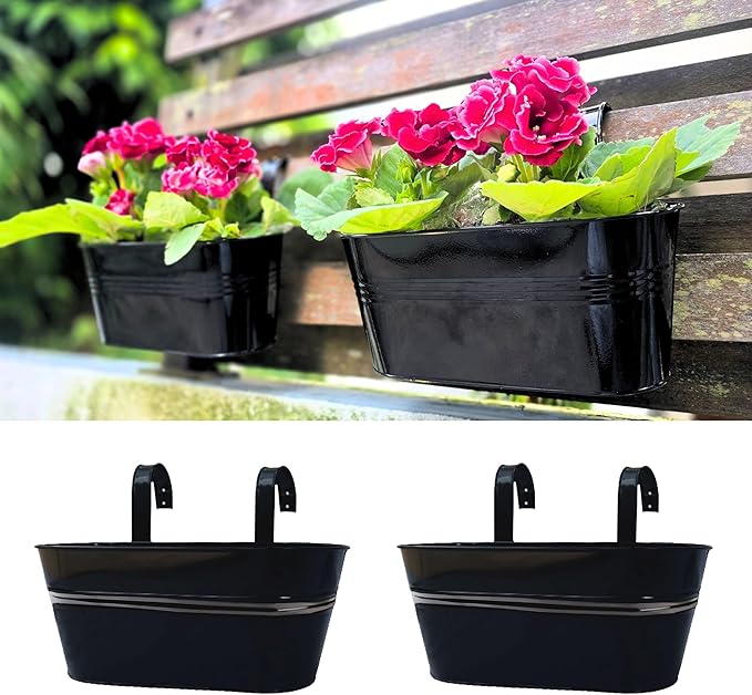 LaLaGreen Bundle- 2 Pack, 11.2 Inch Black Metal Pot + 6 Pack, 15 Inch White Metal Pot Wall Mount Window Hanging Rail Planter Boxes with Hook Flower Herb Bucket Fence Patio Porch Garden Decor Outdoor