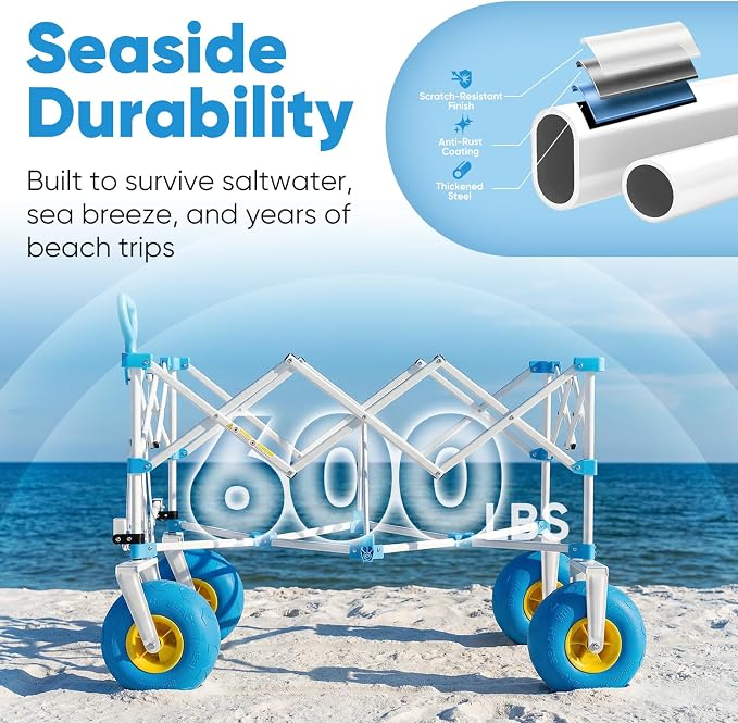 Sekey Heavy Duty Beach Wagon with 9" Big Sand-Proof Wheels – 600lb Capacity, 200L Oversized Foldable Cart | Adjustable Handle & All-Terrain Tires for Sand, Camping, Groceries
