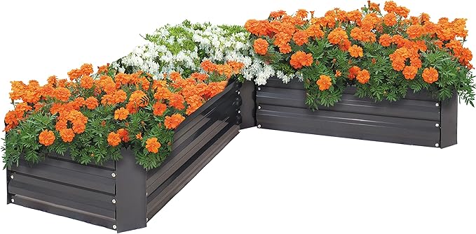 Sunnydaze Galvanized Raised Garden Bed Kit - 5x5x1 ft Outdoor Raised Garden Bed - Metal Planter Box for Vegetables, Flowers, Herbs - Dark Gray - L-Shaped
