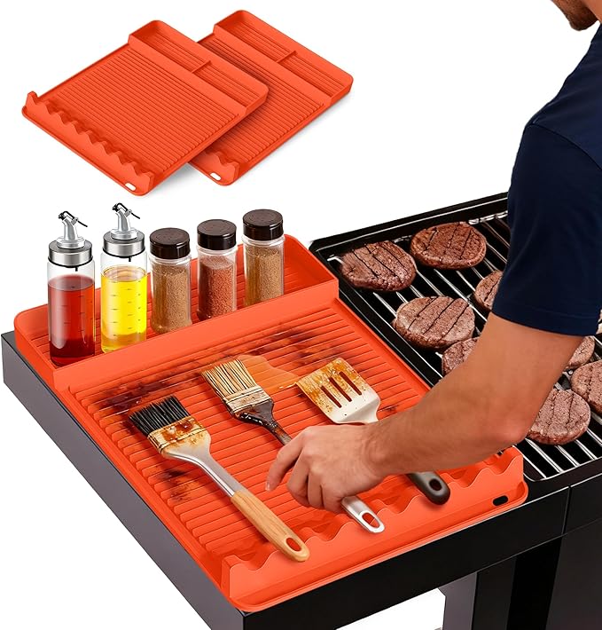 2Pack Silicone Grill Mat for Blackstone - 16x11.5 Inch Non-Slip Tool Mat with Sauce Drip Pad & Wavy Grip, Outdoor BBQ Accessories & Gifts for Men, Dad, Grilling（Orange）
